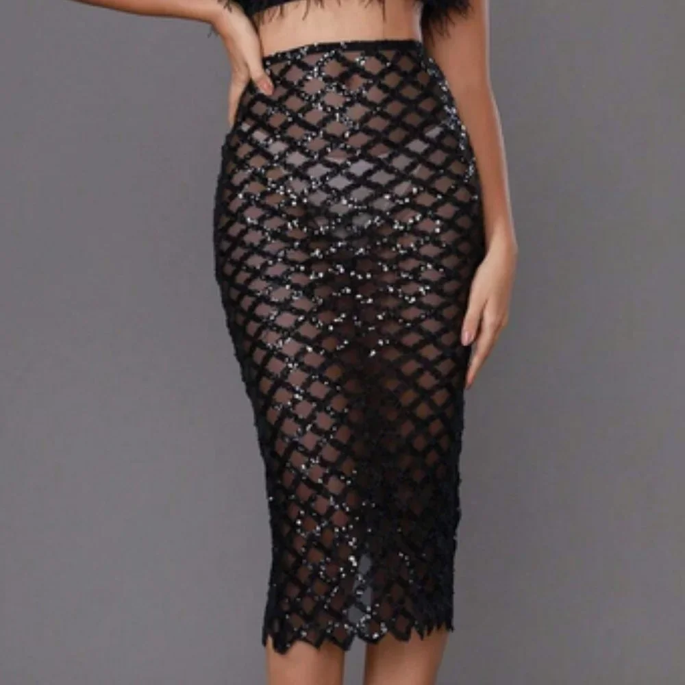 Black fuzzy Feather Trim Crop Tube Top & Sexy Sequin Pencil Skirt - Picture 7 of 9